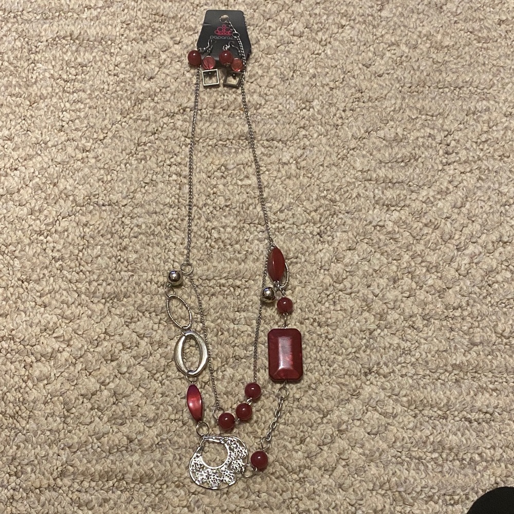 Paparazzi Deep Red and Black Geometric 2 pairs of Earrings and Necklace set. New